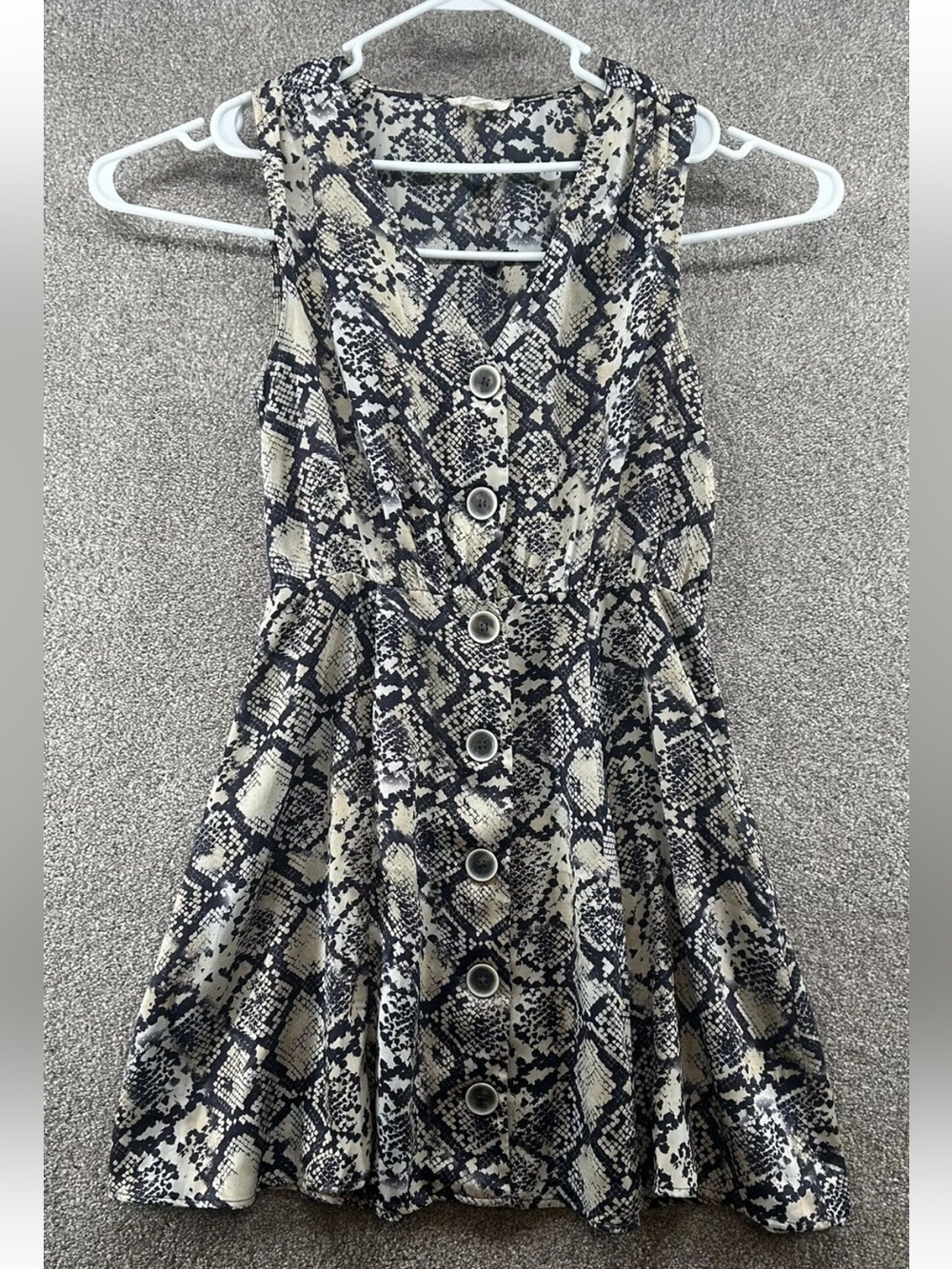 Sandy & Sid Sleeveless Beige and Black Snake Print Button-Front Dress